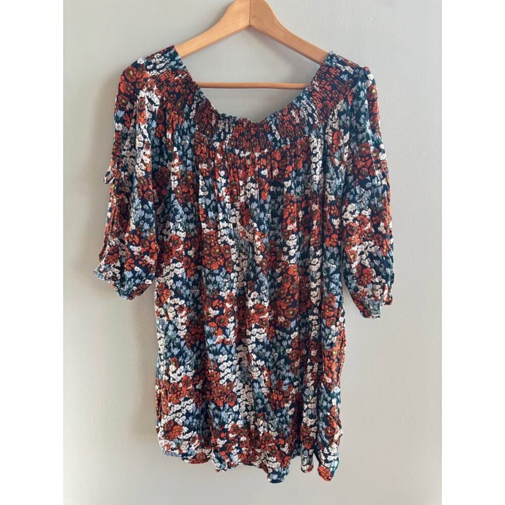 Umgee Smocked Off-Shoulder Floral tunic top Large Split Tie Sleeve Boho Orange L